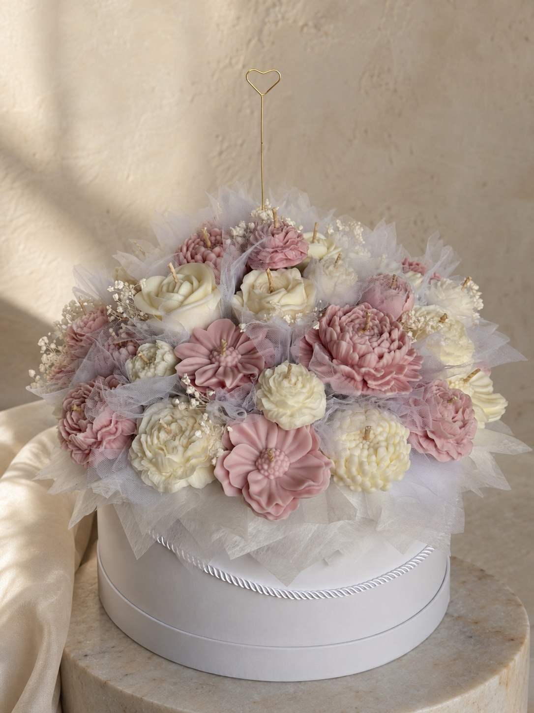 Peony Romance wax flower bouquet of peonies, roses and open blooms in a white hat box