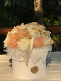 Garden Veil wax flower bouquet of roses and mixed blooms in a white hat box