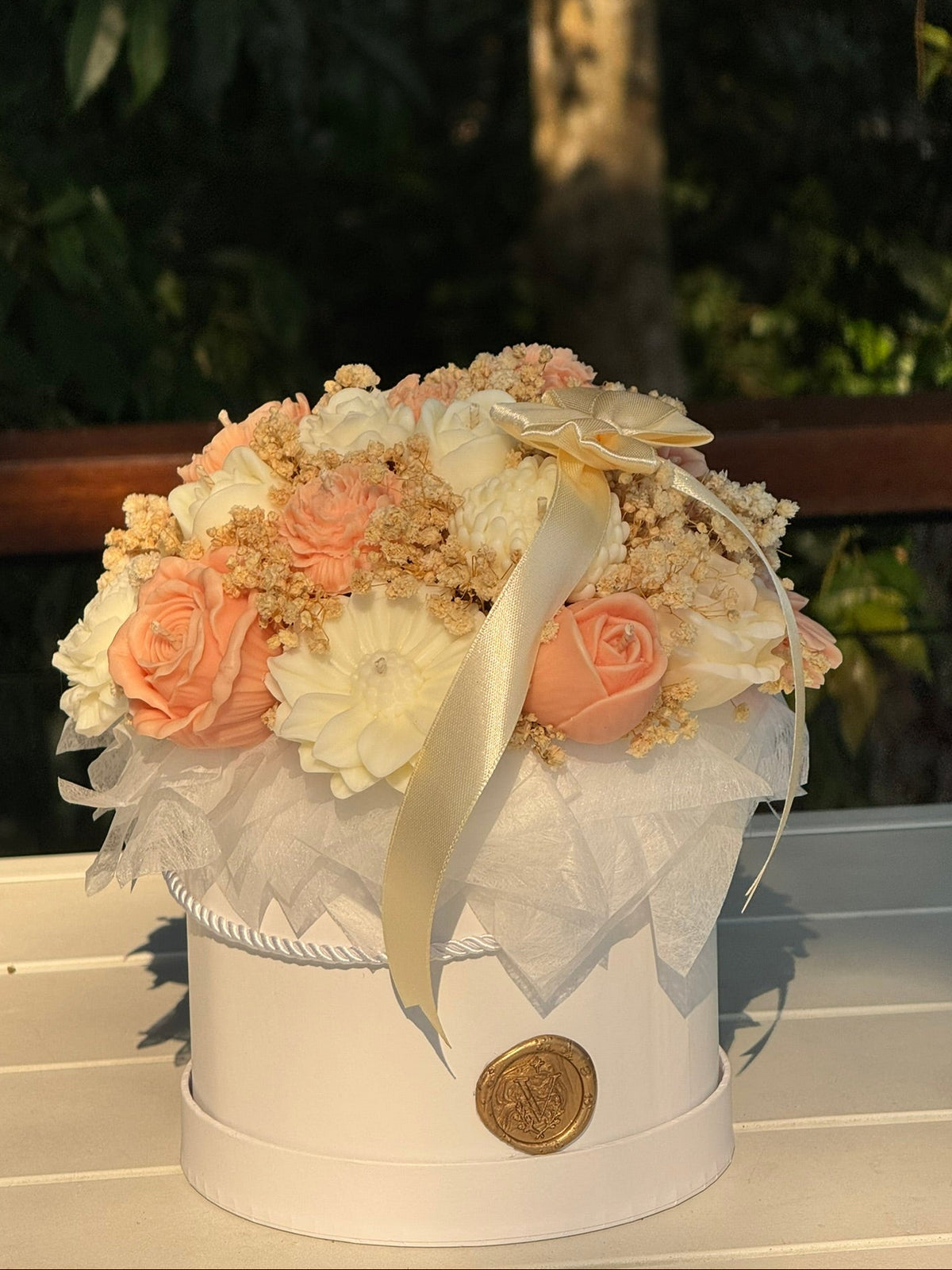 Garden Veil wax flower bouquet of roses and mixed blooms in a white hat box